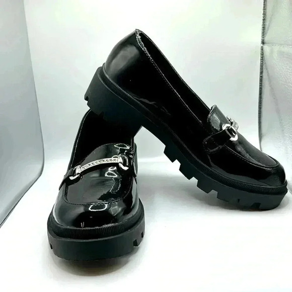 RACHEL ZOE SIZE 2 BLACK PATENT LOAFERS  CHUNKY SOLE AND SILVER RHINESTONE ACCENT - Picture 1 of 16